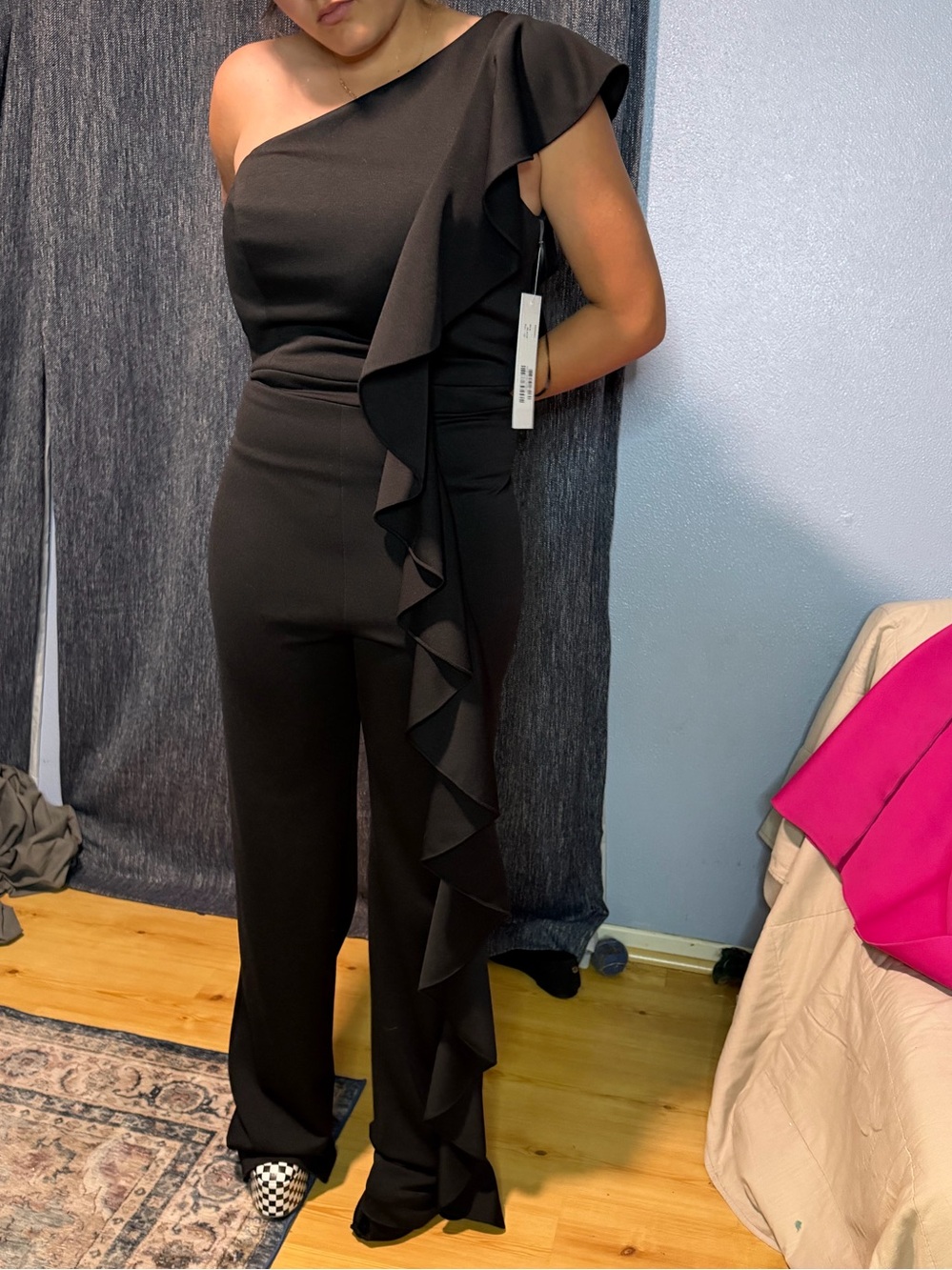 Jovani Black One-Shoulder Ruffle Jumpsuit
